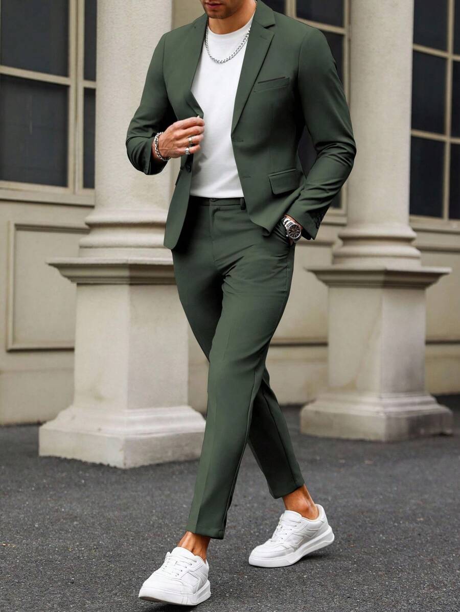 Manfinity Bizformal Men's Contrast Detail Suit Set With Jacket And Pants, Old Money Style
