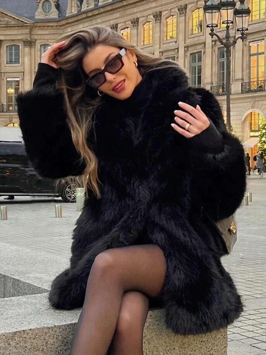 HH Women Vintage Solid Faux Fur Coat Loose Casual Long Sleeve Lapel Jacket Winter Thick Warm Outerwear Oversize Style