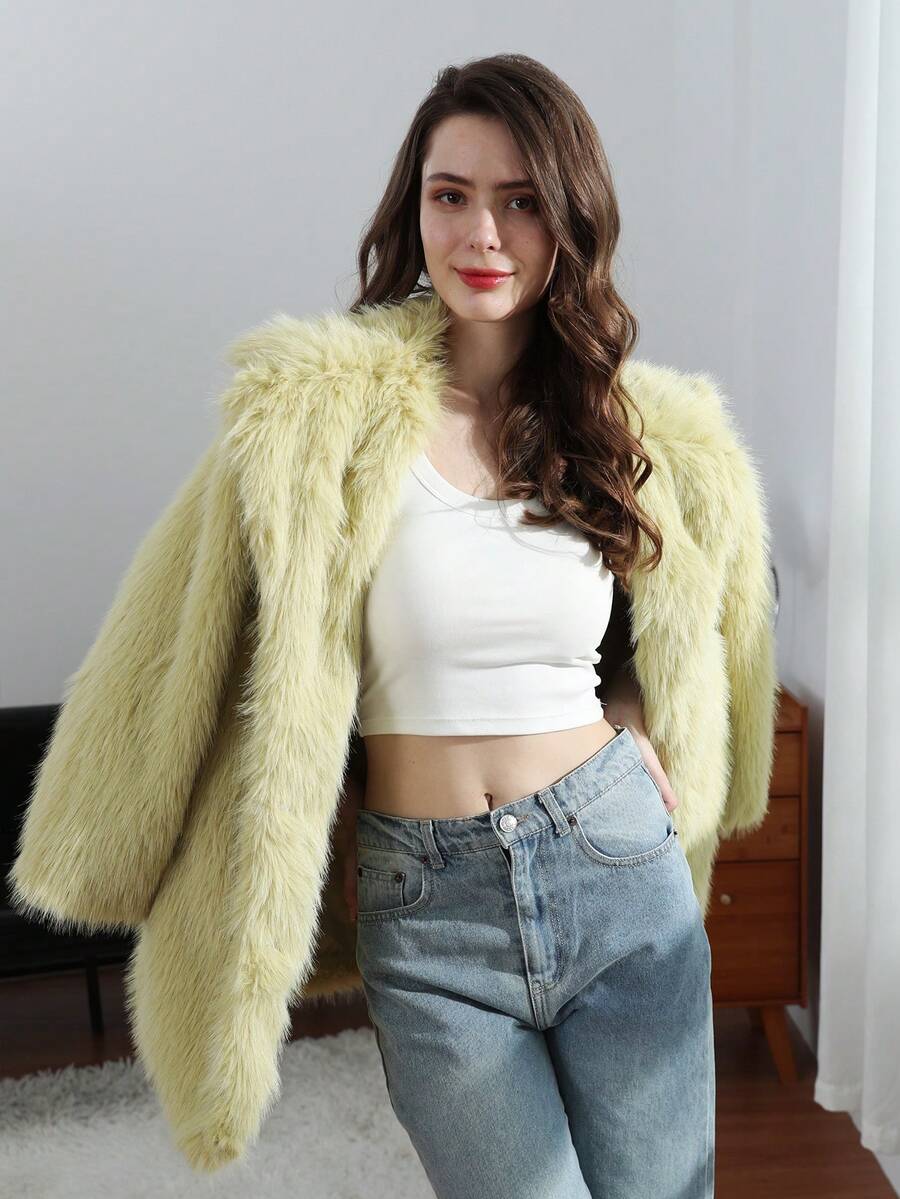 HH Women Vintage Solid Faux Fur Coat Loose Casual Long Sleeve Lapel Jacket Winter Thick Warm Outerwear Oversize Style