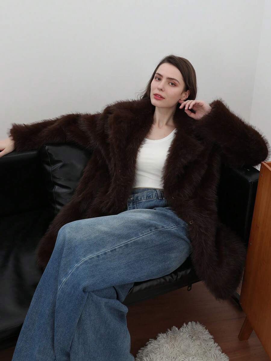 HH Women Vintage Solid Faux Fur Coat Loose Casual Long Sleeve Lapel Jacket Winter Thick Warm Outerwear Oversize Style