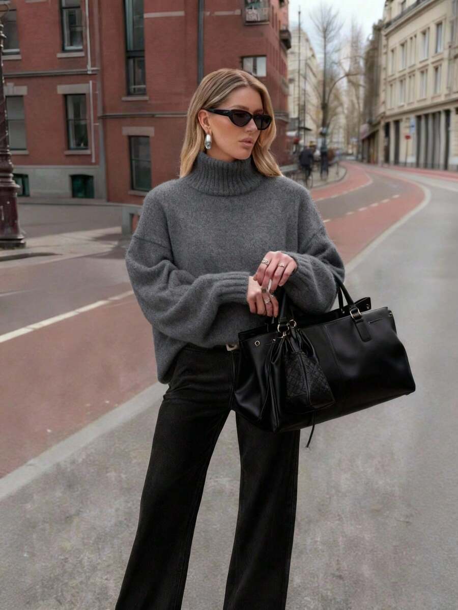 FOR BEAUTY Women's Autumn/Winter New High Neck White Simple Commuting Style Sweater, Fashionable Slim Fit, Elegant Fashion, Ribbed Long Sleeve Daily Leisure And Versatile Commuting Lazy Style Warm Knitted Sweater Top New Year