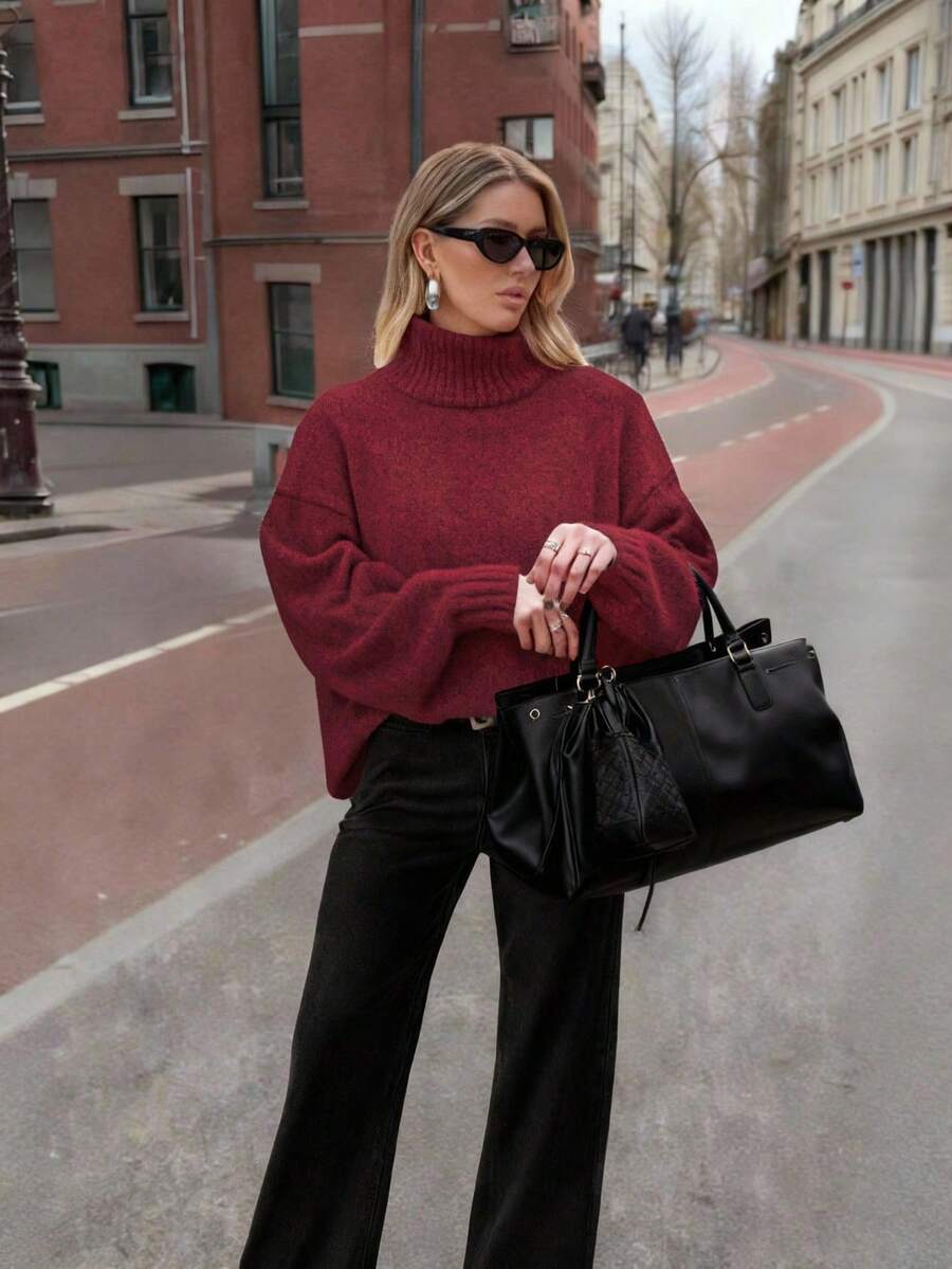 FOR BEAUTY Women's Autumn/Winter New High Neck White Simple Commuting Style Sweater, Fashionable Slim Fit, Elegant Fashion, Ribbed Long Sleeve Daily Leisure And Versatile Commuting Lazy Style Warm Knitted Sweater Top New Year