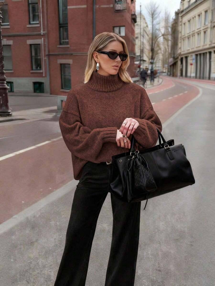 FOR BEAUTY Women's Autumn/Winter New High Neck White Simple Commuting Style Sweater, Fashionable Slim Fit, Elegant Fashion, Ribbed Long Sleeve Daily Leisure And Versatile Commuting Lazy Style Warm Knitted Sweater Top New Year