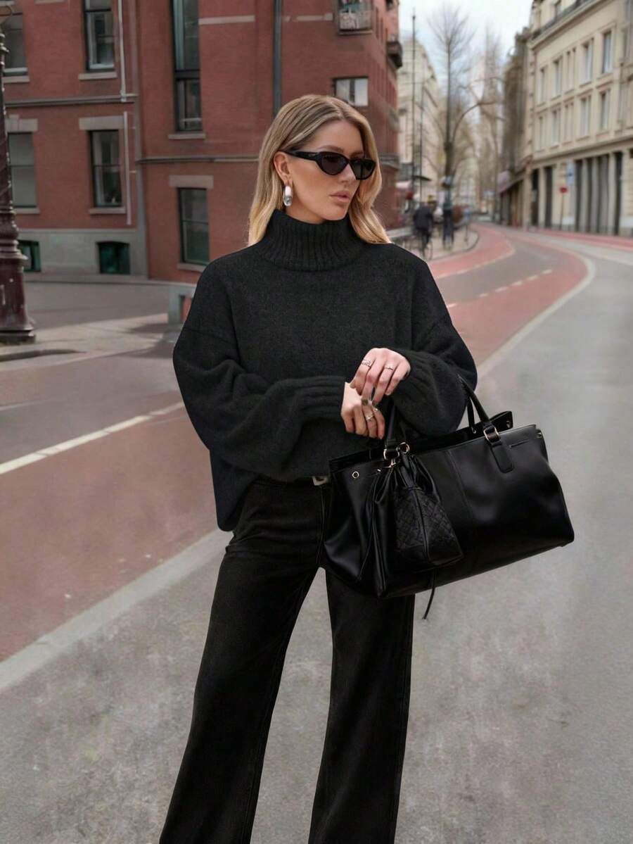 FOR BEAUTY Women's Autumn/Winter New High Neck White Simple Commuting Style Sweater, Fashionable Slim Fit, Elegant Fashion, Ribbed Long Sleeve Daily Leisure And Versatile Commuting Lazy Style Warm Knitted Sweater Top New Year