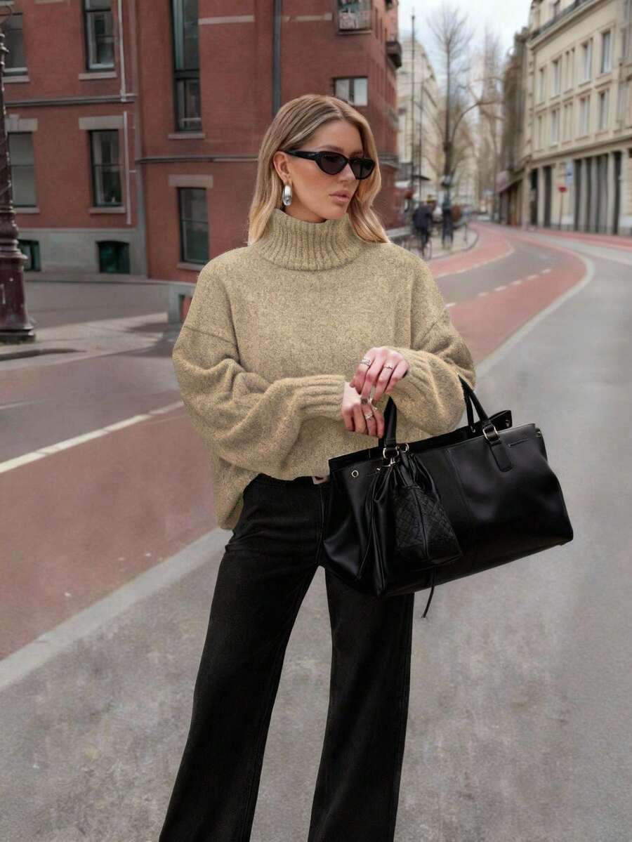 FOR BEAUTY Women's Autumn/Winter New High Neck White Simple Commuting Style Sweater, Fashionable Slim Fit, Elegant Fashion, Ribbed Long Sleeve Daily Leisure And Versatile Commuting Lazy Style Warm Knitted Sweater Top New Year