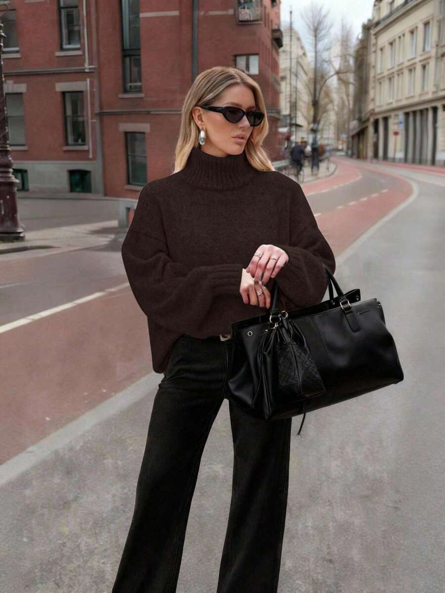 FOR BEAUTY Women's Autumn/Winter New High Neck White Simple Commuting Style Sweater, Fashionable Slim Fit, Elegant Fashion, Ribbed Long Sleeve Daily Leisure And Versatile Commuting Lazy Style Warm Knitted Sweater Top New Year
