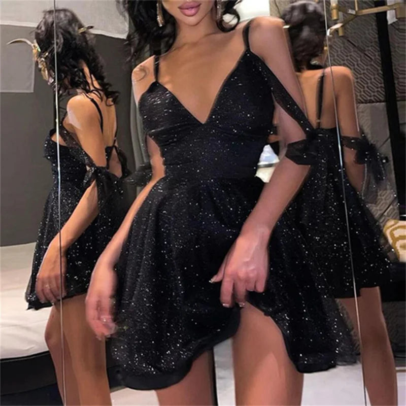 Shiny Off-Shoulder Cocktail Party Dress - Front View