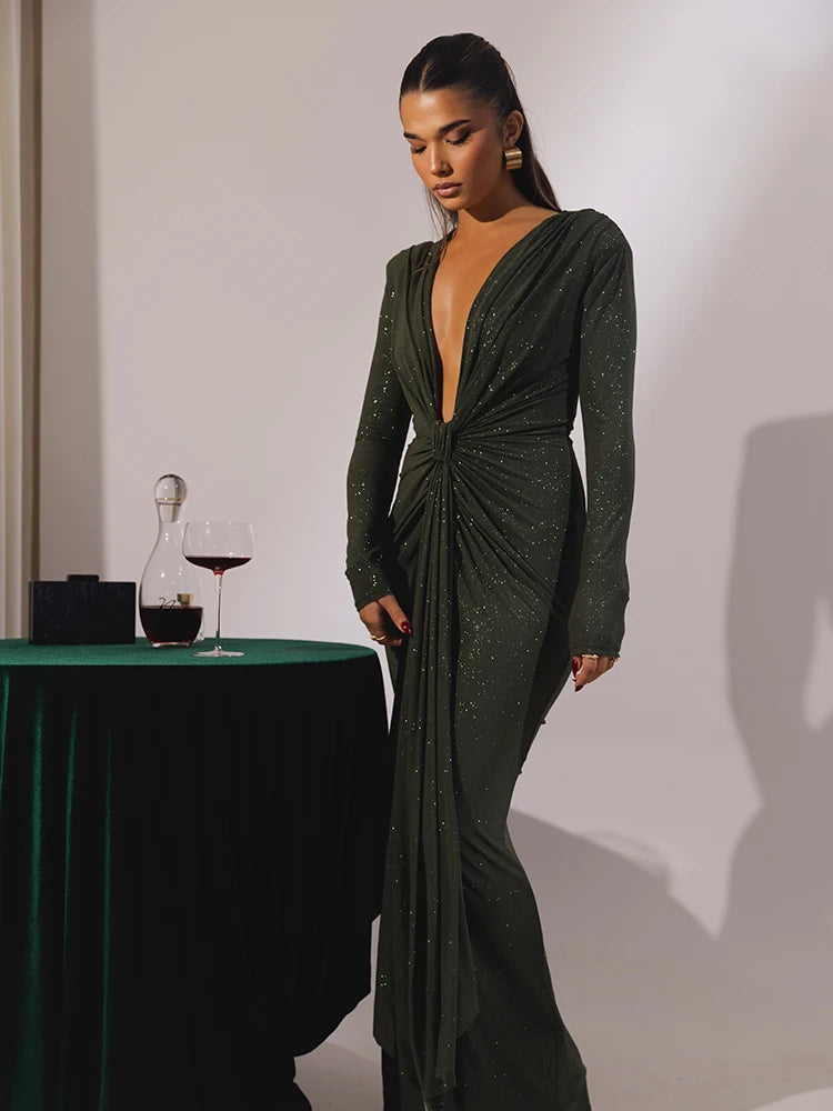 Mozision Glitter Deep V Neck Sexy Maxi Dress